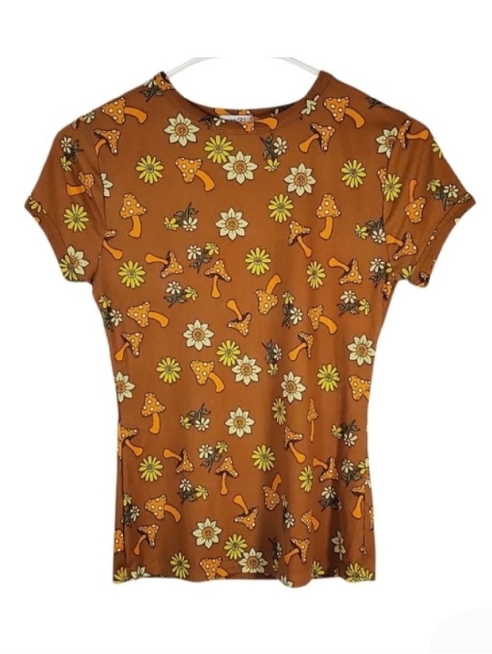 Rue21 Psychedelic 70s Mushroom Print Ribbed Fitted Tee Brown Size M